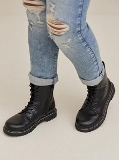 These faux leather boots will help you combat the day in style, as you enjoy the lace-up front, side zipper, and lug sole. Our unique fit gives you extra wide width and extra room around your whole foot EXTRA WIDE WIDTH (WW). Round toe. Lace-up front. Side zipper and goring. Back pull-tab. Lug sole. 1” heel. Extra cushioned footbed; textured outsole. Man-made material. Imported extra wide width shoes. The best plus size women's stevie lace-up combat boot (ww) boots in black made of suede. Rock y Plus Size 90s Fashion, Womens Combat Boots, Lace Up Combat Boots, Unique Fits, Faux Leather Boots, Wide Width Shoes, Swimming Outfit, Favorite Boots, Combat Boot