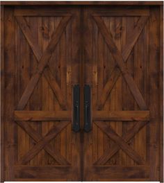 the double doors are made from wood and have black hardware on each side, which is attached