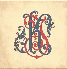 an old fashioned monogram with the letter d in red, white and blue colors