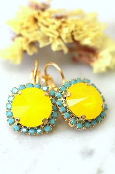 Buttercup Earrings, Yellow Earrings, Bridesmaids Earrings by Ilona Rubin on Etsy  http://etsy.me/1UeoS4J Yellow Ear Wire Earrings For Wedding, Yellow Earrings With Ear Wire For Wedding, Yellow Wedding Earrings With Ear Wire, Turquoise Crystals, Colors Aesthetic, Bridesmaids Earrings, Blue Crystal Earrings, Yellow Jewelry, Turquoise Crystal