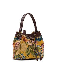 Light on weight, heavy on style, the Elisa is the bucket bag of your dreams. In our beautiful Floral Woven Tapestry design, it has a beautifully braided top handle and a grommeted drawstring with a convenient detachable/adjustable shoulder strap. Your search is over; the Elisa is everything you want in a bucket bag. 74% cotton, 26% polyester, 100% full-grain leather trim Interior: 1 zip pocket, 2 slip pockets; faux suede lining, 100% polyester Exterior: 1 rear slip pocket, protective metal feet, Affordable Purses, Satchel Backpack, Woven Tapestry, Ocean Jewelry, Jewelry Candles, Leather Denim, Belt Accessories, Tapestry Weaving, Tapestry Design