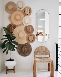 a room with hats on the wall and a chair next to a plant in front of a mirror