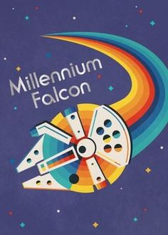 an advertisement for the millennium falcon movie, featuring a space shuttle in front of a rainbow - colored crescent