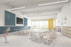 an artist's rendering of a classroom with tables and chairs