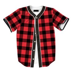 Bring bold pattern into your daily wardrobe with the Gingham Jersey, featuring a full button-up placket and an iconic jersey silhouette. Our talented team of designers created the red&black plaid design for a must-have look. Red Cotton Baseball Jersey With Collar, Red Baseball Collar Top For Streetwear, Red Casual Baseball Jersey For College, Red Cotton Casual Baseball Jersey, Casual Red Baseball Jersey For College, Casual Red Cotton Baseball Jersey, Red Casual Baseball Jersey With Graphic Print, Casual Red Baseball Jersey With Graphic Print, Casual Red Flannel Shirt For Streetwear