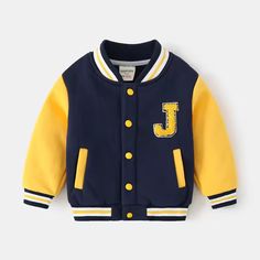 Varsity Jacket with letter ”J”, snap front buttons and soft fleece lined. Kids Winter Jackets, Round Neck Cardigan, Baby Boy Jackets, Skirt And Sneakers, Winter Kids, Boys Jacket, Baseball Jacket, Girls Jacket