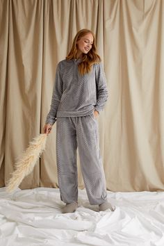 Women's Cosy Chevron Lounge Suit in Shale Grey from Pretty You London Lounge Suit, Best Loungewear, Shale Grey, Luxury Nightwear, Cozy Tops, A Teddy Bear, Warm Hug, Textured Design, Women Nightwear