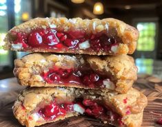 three cookies stacked on top of each other with cranberry sauce in the middle