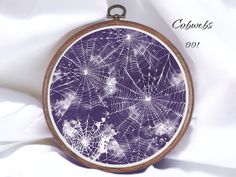 a spider web pattern on a purple background with white stars and clouds in the center