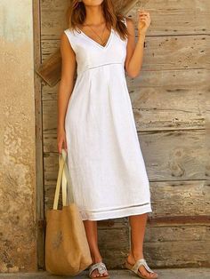 Sukienki Maksi, Causal Dresses, Calf Sleeve, Linen Midi Dress, Dress Stores Online, V Neck Midi Dress, Fashion Dresses Casual, Fashion Weeks, Loose Dress