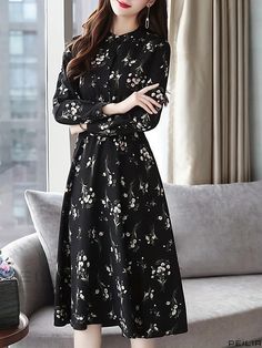 Peilia - Chic Floral Print Midi Dress with Slim Waist and Elegant Long Sleeves for Women Black Floral Print Maxi Dress For Winter, Winter Black Maxi Dress With Floral Print, Sleeves For Women, Floral Print Midi Dress, Print Midi Dress, Type A, Slim Waist, Print Patterns, Floral Print