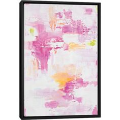 an abstract painting with pink and yellow colors on the canvas, framed in wooden frame