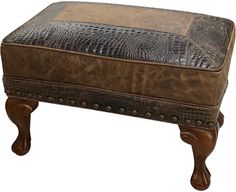 the foot stool is made out of leather and has an alligator skin pattern on it