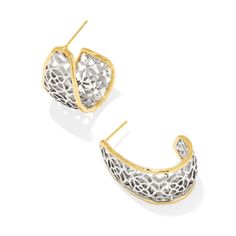 Amp up your accessorizing with the Janie Hoop Earrings. Featuring intricate metal filigree inspired by the Kendra Scott medallion logo, these bold hoop earrings will have you set to stun for any (and every!) occasion. Designer, founder, and philanthropist Kendra Scott started her company in 2002, just three months after her first son was born. Her commitment to innovation, quality, customer service, and detail has taken her from a small startup to a billion-dollar brand. Kendra Scott is known fo Small Drop Earrings, Cubic Zirconia Hoop Earrings, Hoop Earring Sets, Huggie Hoop Earrings, Accessories Jewelry Earrings, Kendra Scott, Shop Earrings, Earring Set, Gold Earrings