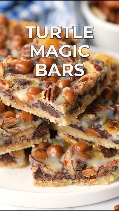 some kind of food that is on a white plate with the words turtle magic bars