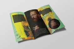 an open brochure with the image of a man and sunflowers on it