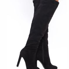 Knee High, Black Boats. Black Suede High Heel Knee-high Boots, Black Suede Knee-high High Heel Boots, Black Suede Knee-high High-heel Boots, Black Suede Knee-high Boots With High Heels, Trendy Black Suede Knee-high Boots, Black Suede Boots For Night Out, Denim Knee High Boots, Knee High Black Boots, Thigh High Stiletto Boots