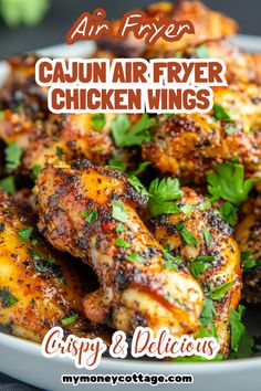 an advertisement for cajun air fryer chicken wings on a plate with cilantro