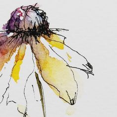 a watercolor painting of a flower with yellow and purple petals