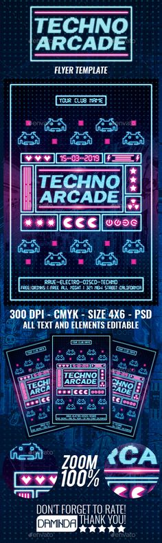 an advertisement for a computer game called tec and arcade, with neon text on it