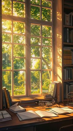 the sun shines through an open window into a room with bookshelves and desk