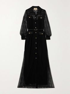 Shop GUCCI Button-embellished leather-trimmed lace maxi dress, Explore the latest GUCCI women's collection today on NET A PORTER Gucci Dress Outfit, Uzun Boy, Lace Dress Classy, Gold And Black Dress, Gucci Dress, Frock For Women, Dress Design Sketches, Everyday Fashion Outfits, Fantasy Dress