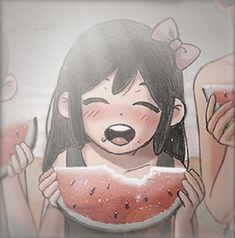 a drawing of a girl holding a slice of watermelon