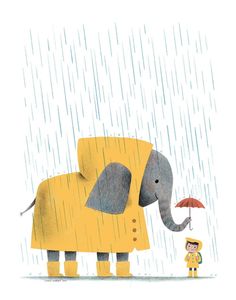 an elephant holding an umbrella next to a little boy in yellow raincoats and boots