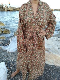 Cotton robe Long Sleeve Robe For Beachwear And Loungewear, Bohemian Cotton Tunic Kimono, Long Boho Print Kimono For Beachwear, Long Beachwear Kimono With Boho Print, Traditional Boho Print Kimono For Beach, Bohemian Wrap Robe For The Beach, Bohemian Wrap Robe For Beach, Bohemian Wrap Beach Robe, Traditional Beach Kimono With Boho Print