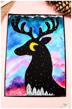 a painting of a deer with the moon in his antlers'eyes, on a pink and blue background