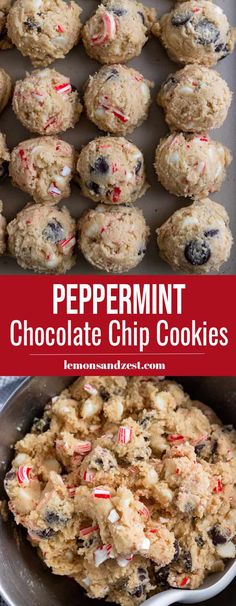 candy cane chocolate chip cookies on a baking sheet and in a pan with the title above it