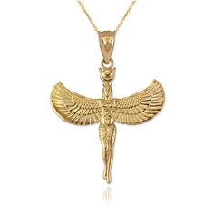 Gold Isis Egyptian Winged Goddess of Motherhood Pendant Necklace. Available as pendant or necklace. Metal options: 10k, 14k, yellow, white, rose gold, 2-tone (yellow/white, rose/white). Pendant weight: ≈1.6 g. (10k), ≈1.9 g. (14k). Pendant height (w/ bail): 1.3" (34 mm) Pendant width : 1" (25.5 mm). Finish: polished. Bail opening: 3 mm. Chain length available: 16", 18", 20", 22". Chain type: 0.7 mm rolo. Chain weight: 1 g. Clasp: spring ring. Goddess Of Motherhood, Winged Goddess, Egyptian Gifts, Ancient Egyptian Jewelry, Goddess Pendant, Gold Jewelry Outfits, Goddess Jewelry, Egyptian Jewelry, Antique Gold Jewelry