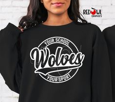 Personalized Wolves School Spirit T-Shirt Crewneck, Hoodie Hooded Sweatshirt Football, Baseball, Basketball, Softball, Track, Volleyball, Cross Country, Cheer, Wrestling Not all colors are available in all sizes and styles.  Please check the color and size charts in photos. We do our best to accurately represent shirt colors by using actual photos but do understand that all monitors will display differently. Please contact us prior to purchase with any questions on sizing or colors. Your purchase includes a custom imprint created specifically for your team! A product proof will be emailed to you within 1 business day.  Please keep an eye on your Etsy messages and reply with any changes within 24 hours. Your order will be sent to production after that time if no response is received. Excess Wolves School Spirit Shirt, Winter School T-shirt With Letter Print, Black Hoodie With School Spirit Letter Print, Black Hoodie With Letter Print For School Spirit, Black Hoodie With Letter Print For School, Black Crew Neck Hoodie For School Spirit, Black School Spirit Sweatshirt With Crew Neck, Winter School Sweatshirt, Pre-shrunk, Sporty Hoodie For School