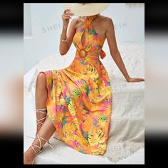 New In Bag Shein Vcay Tropical Print Ring Linked Cut Out Tie Backless Halter Neck Dress Size Medium. Backless Halter Dress, Halter Neck Dress, Tropical Dress, Shein Dress, Halterneck Dress, Tropical Print, Orange Yellow, Halter Neck, Halter Dress