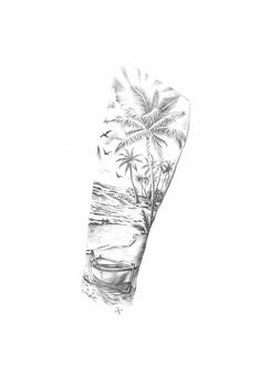 a drawing of an oven mitt with palm trees on the beach in the background