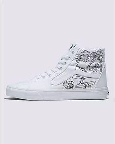 Sk8-Hi White Lace-up High-top Sneakers With Graphic Print, White High-top Sneakers With Graphic Print, High-top Graphic Skate Shoes For Streetwear, High-top Graphic Print Skate Shoes For Streetwear, White Skate Shoes With Graphic Print, White Skate Shoes With Graphic Print And Round Toe, White Graphic Print Skate Shoes Round Toe, High-top Custom Sneakers With Graphic Print For Skateboarding, Vans High-top Sneakers With White Sole For Skateboarding