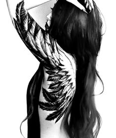 a woman with wings on her back is shown in black and white, while the image shows