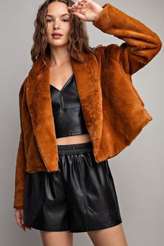 Fall Cropped Jacket With Lapel Collar, Chic Brown Open Front Outerwear, Open Front Outerwear For Fall Workwear, Brown Fur Coat For Fall, Winter Brown Open Front Outerwear, Chic Brown Cropped Jacket For Winter, Chic Brown Cropped Winter Jacket, Luxury Brown Fluffy Outerwear, Brown Shearling Outerwear With Faux Fur Trim