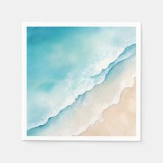 an abstract watercolor painting of waves on the beach with white sand and blue sky