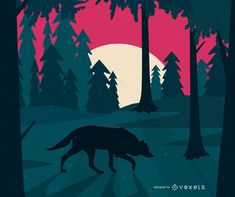 a wolf is walking through the woods at night with full moon in the sky behind it