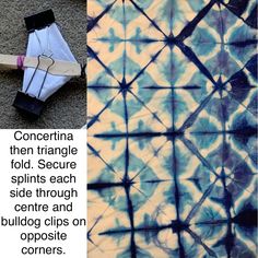 an image of a tie - dyed piece of cloth with text that reads, concentricia then triangle fold secure splits each side through center and bulldog clips on opposite corners