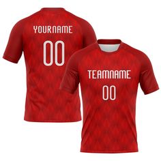 a red soccer jersey with the name and number on it, that reads your name