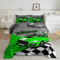 a green sports car bedding set with checkerboard pattern on the bottom and sides