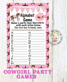 a pink and brown cowgirl party game on a white wooden background with the words, alphabet