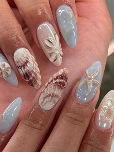 Get Our Summer Beach Style: 24pcs Long Stiletto Shaped Press-On False Nail Set, Elegant Pearl, Summer Fresh Ocean Wave Pattern, Shell Pattern, Starfish, Full-Cover False Nail Set, Including 1pc Adhesive And 1pc Mini Nail File, Suitable For Women, Travel, Beach, Work. Multicolor    ABS Animal,Graphic Color Nails,3D Nails   Nail,Hand & Foot Care, size features are:Bust: ,Length: ,Sleeve Length: Nagel Tips, Easy Nails, Beach Nails, Girls Nails