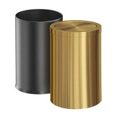 two metallic and black trash cans next to each other on a white background, one is empty