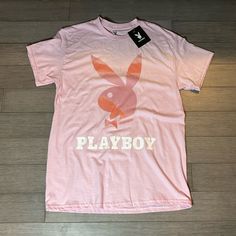 Nwt Pink Playboy T-Shirt Size Medium Casual Tan T-shirt With Screen Print, Tan T-shirt For Spring Streetwear, Sporty Tan T-shirt For Spring, Acid Wash Shorts, Playboy Logo, Bunny Logo, Playboy Bunny, Pink Tie Dye, Pink Tshirt