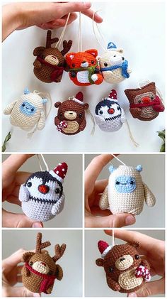 crocheted stuffed animals hanging from strings in the shape of an ornament