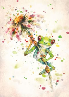 a watercolor painting of a frog holding a flower