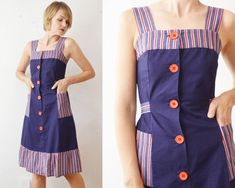 Free shipping worldwide! Please press "Learn more about this item" to read full description and measurements below ↓. Pure cotton pinafore style dress in navy wuth striped trims and pockets. Dress closes with large red buttons in front (not completely all the way down) and waistline can be adjusted with wide ties at the back. Dress is unlined. Brand: not stated Material: cotton Size: tagged 36, would best fit XS/S Condition: great vintage condition Measurements Length - 105 cm/41.3" Shoulder to Red Button, Back Dress, Dress Clothes For Women, Dresses Xs, Pure Cotton, Favorite Outfit, Fashion Dresses, Dress Outfits, Bathing Beauties